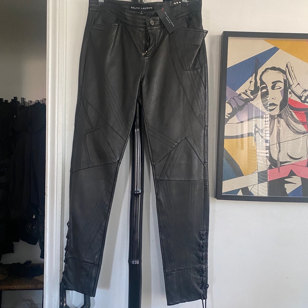 Beautiful black Ralph Lauren leather pants with bottom leg lace up. Size 10